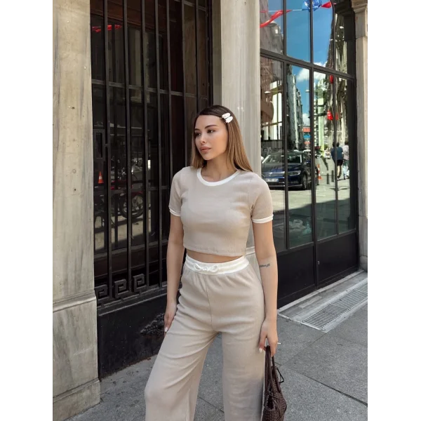 Crop pantolon biyeli takım bej