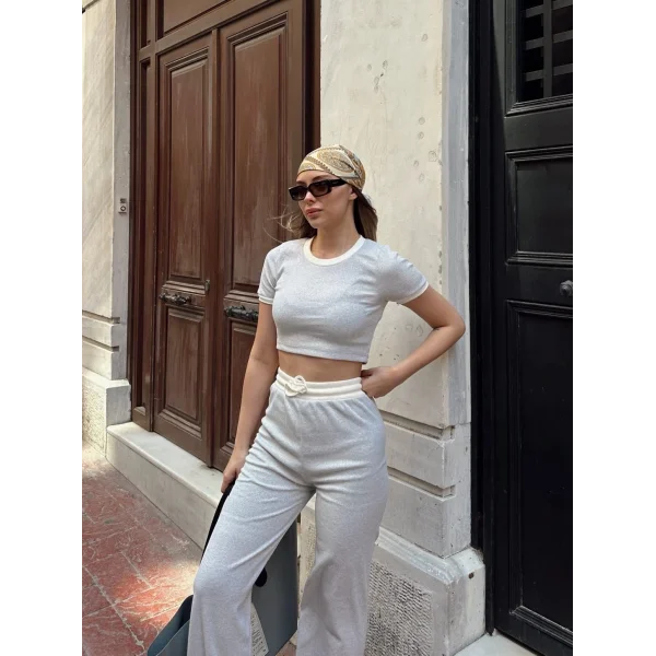 Crop pantolon biyeli takım gri