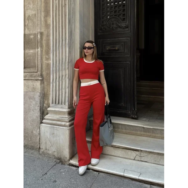 Crop pantolon biyeli takım kırmızı