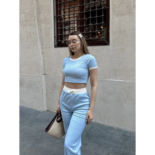 Crop pantolon biyeli takım mavi
