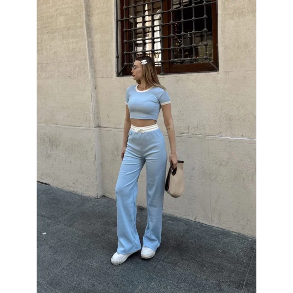 Crop pantolon biyeli takım mavi