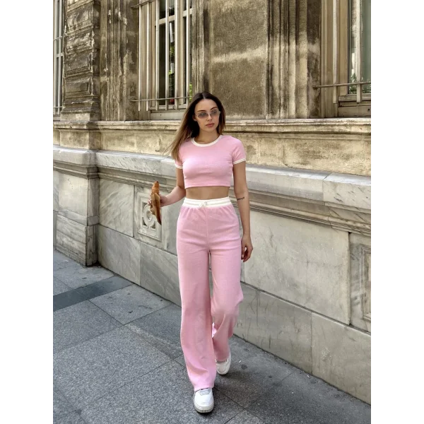 Crop pantolon biyeli takım pembe