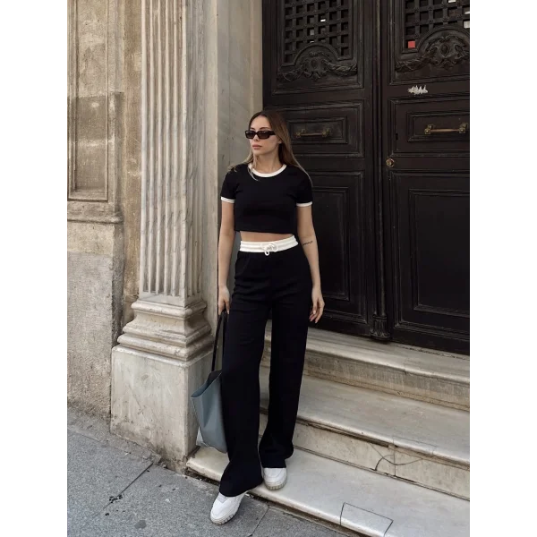 Crop pantolon biyeli takım siyah
