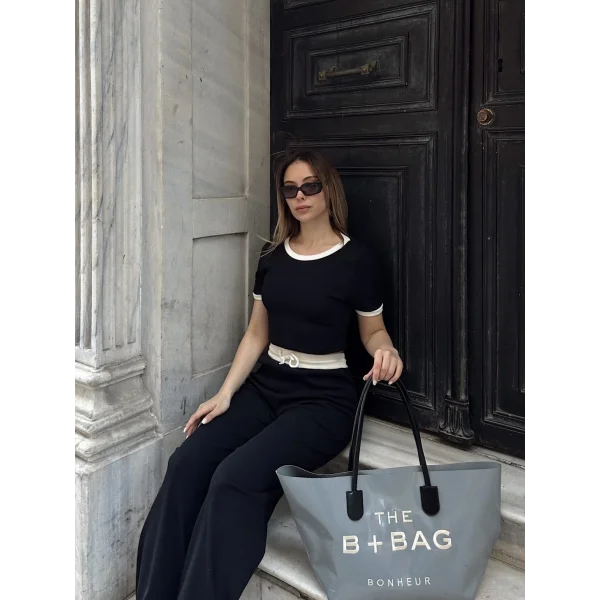 Crop pantolon biyeli takım siyah