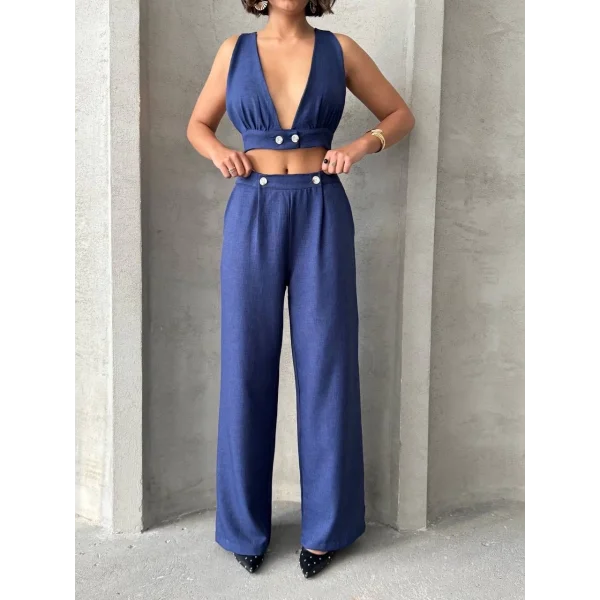 Crop pantolon keten takım s255012