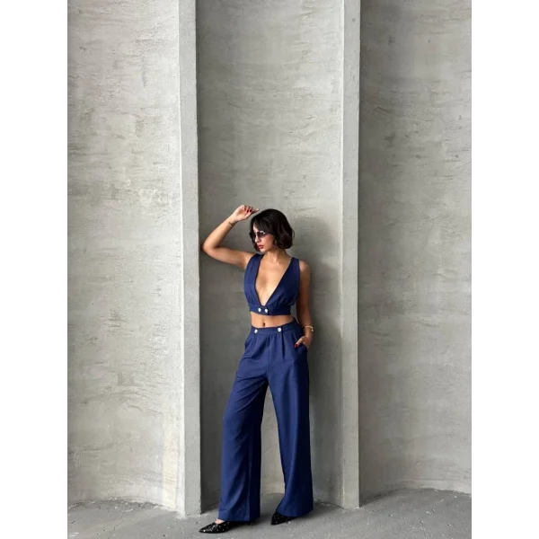 Crop pantolon keten takım s255012