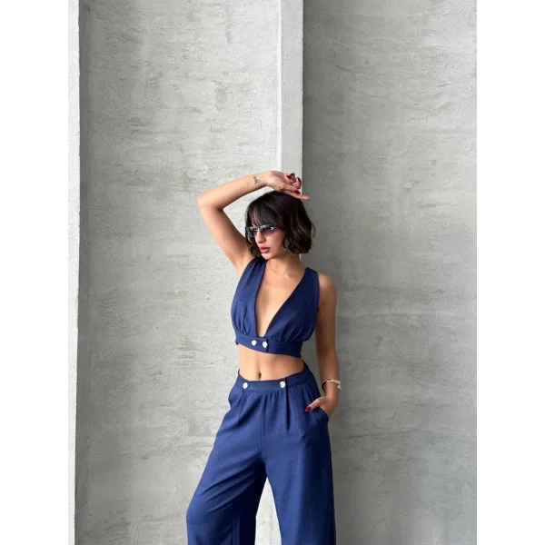 Crop pantolon keten takım s255012