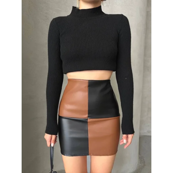 Damalı deri etek siyah kahve w24648