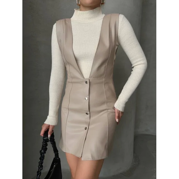 Deri jile elbise bej w24796