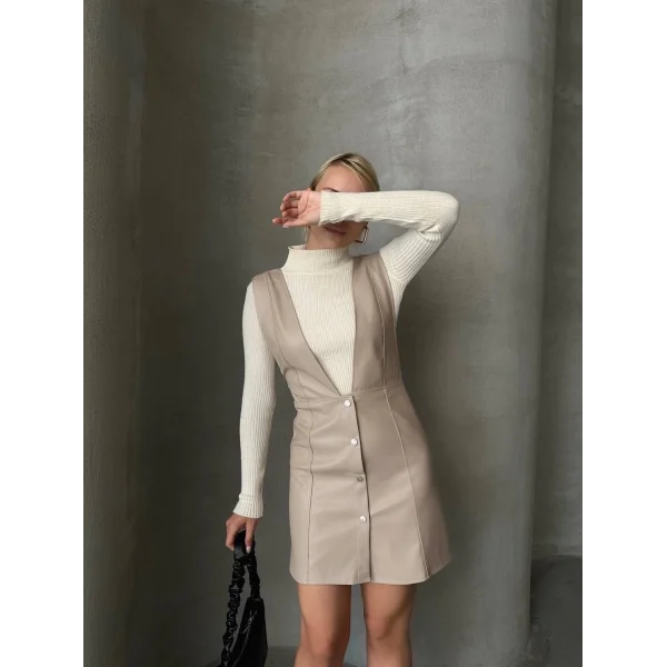 Deri jile elbise bej w24796