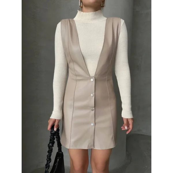 Deri jile elbise bej w24796