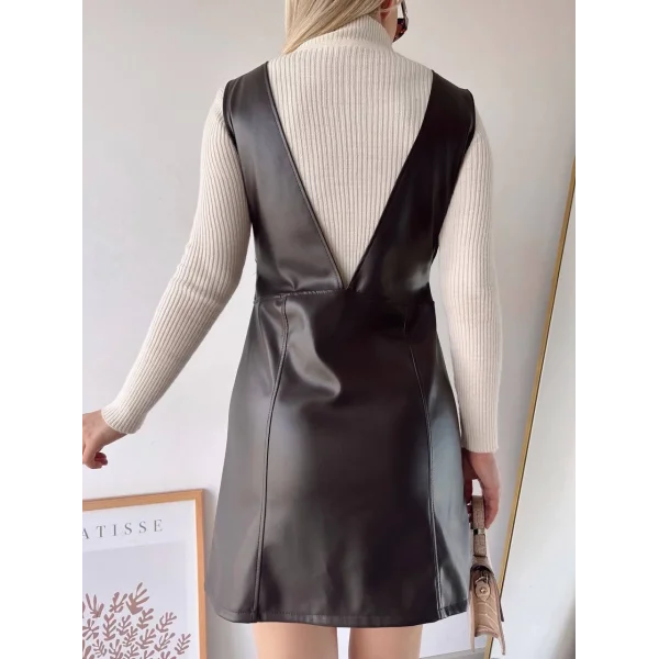 Deri jile elbise kahve w24796