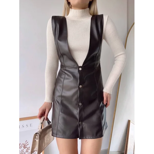 Deri jile elbise kahve w24796