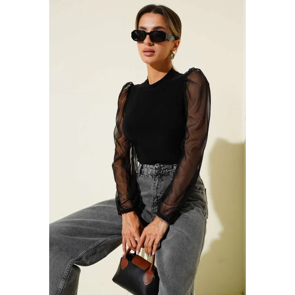 Dik yaka tül kollu bluz siyah t3066