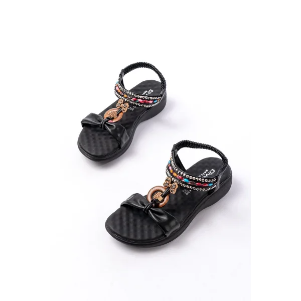 DM-608 Siyah Taşlı Arka Lastikli Günlük Kadın Sandalet