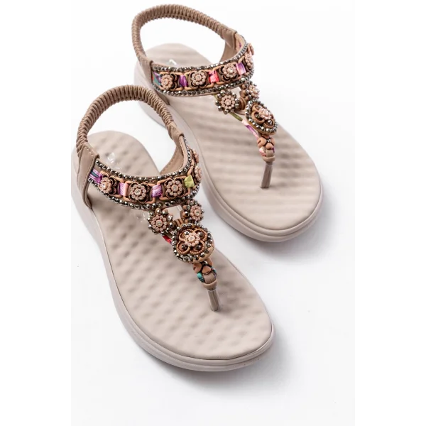DM-609 Bej Taşlı Arka Lastikli Parmak Arası Kadın Sandalet