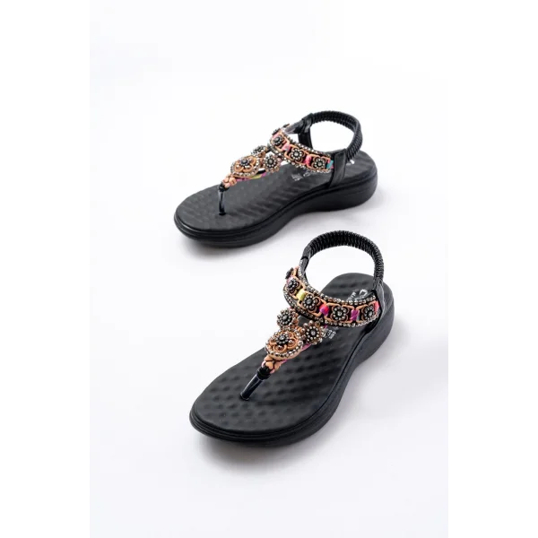 DM-609 Siyah Taşlı Arka Lastikli Parmak Arası Kadın Sandalet