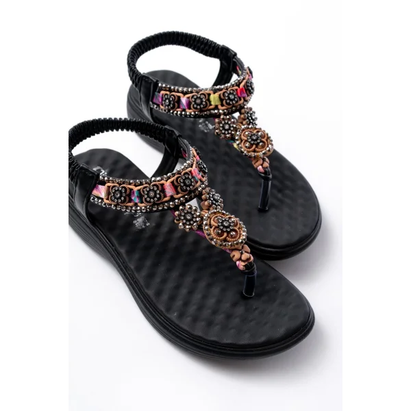DM-609 Siyah Taşlı Arka Lastikli Parmak Arası Kadın Sandalet