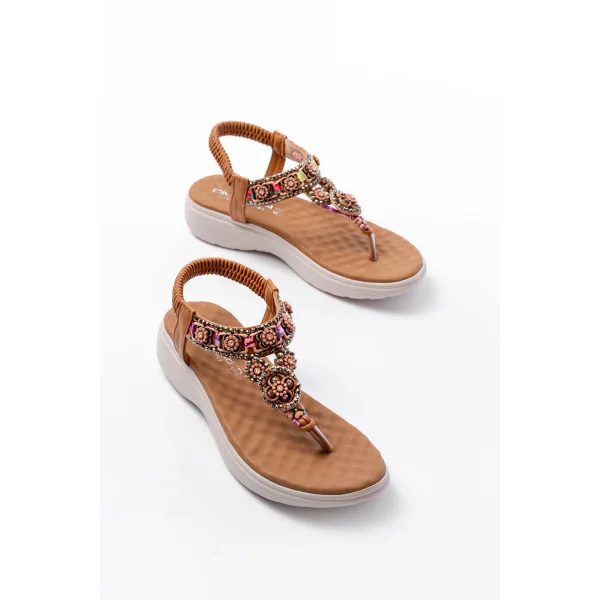 DM-609 Taba Taşlı Arka Lastikli Parmak Arası Kadın Sandalet