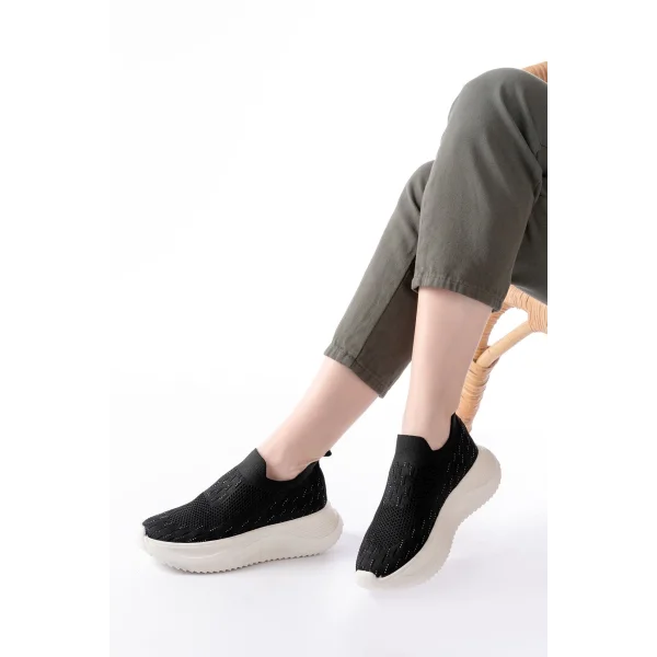 DM-707  Siyah Fileli Beyaz Faillant Taban Taş Aksesuarlı Günlük Spor Ayakkab