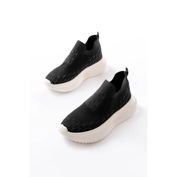 DM-707  Siyah Fileli Beyaz Faillant Taban Taş Aksesuarlı Günlük Spor Ayakkab