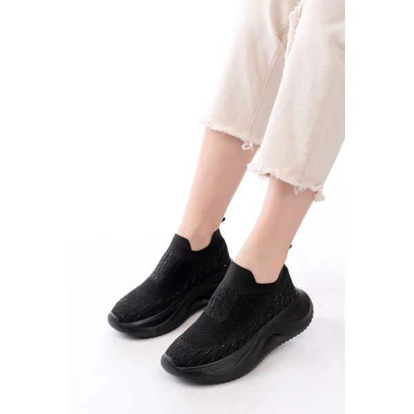 DM-707  Siyah Fileli Faillant Taban Taş Aksesuarlı Günlük Spor Ayakkabı