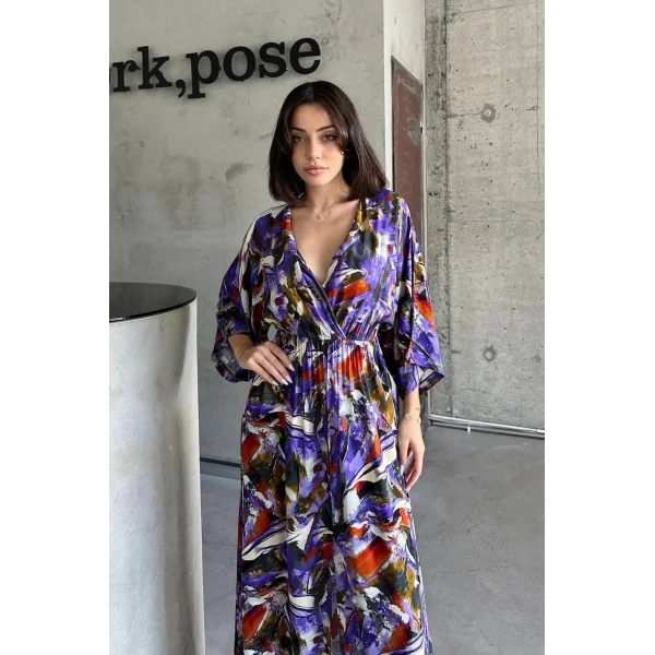 Dokuma baskılı yarasa kol elbise s8124