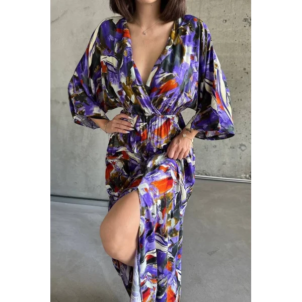 Dokuma baskılı yarasa kol elbise s8124