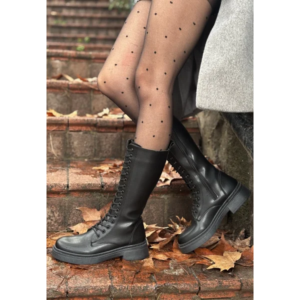 Dorin Siyah Cilt Bağcıklı Çizme