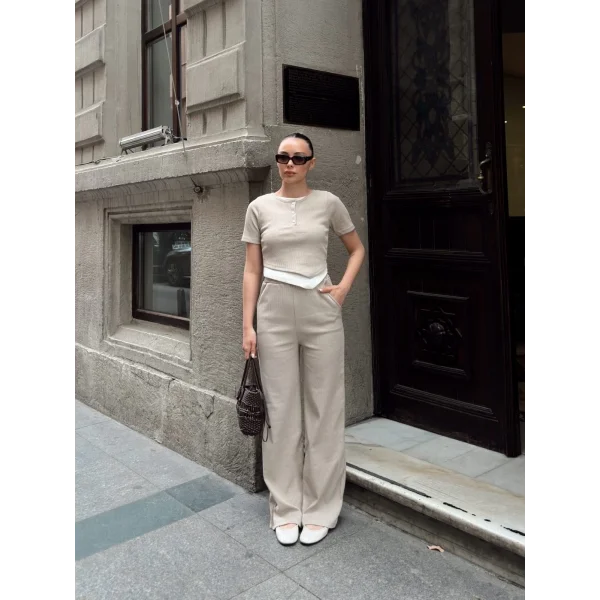 Düğme yakalı bej alt üst takım s3943