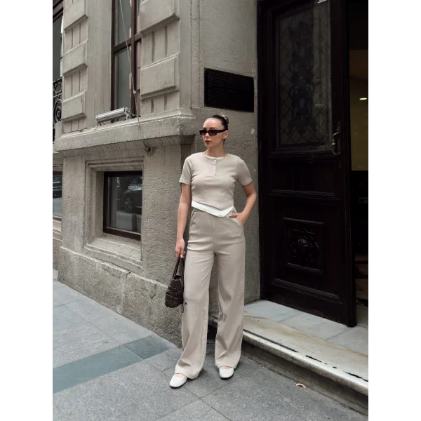 Düğme yakalı bej alt üst takım s3943