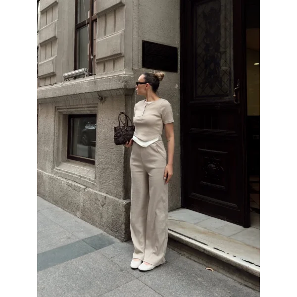 Düğme yakalı bej alt üst takım s3943