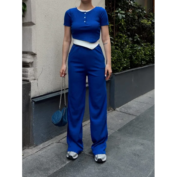 Düğme yakalı saks alt üst takım s3943