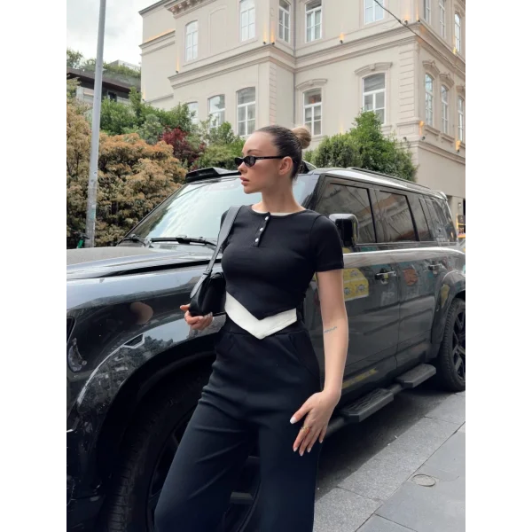 Düğme yakalı siyah alt üst takım s3943