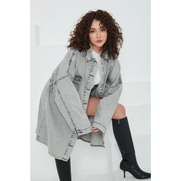 Düz Gömlek Yaka Kadın Gri Kuş Gözü Cepli Kot Ceket