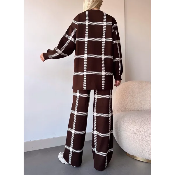 Ekoseli triko takım kahvebeyaz