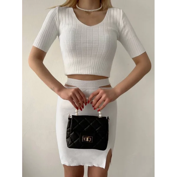 Etekli triko takım beyaz t23107