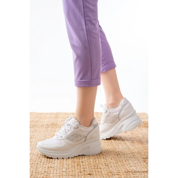 F-185 Beyaz Günlük Bağcıklı Taş Aksesuarlı Yazlık Spor Ayakkabı