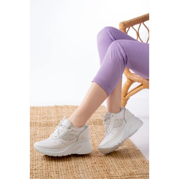 F-185 Beyaz Günlük Bağcıklı Taş Aksesuarlı Yazlık Spor Ayakkabı