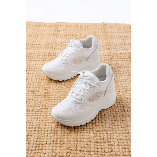 F-185 Beyaz Günlük Bağcıklı Taş Aksesuarlı Yazlık Spor Ayakkabı