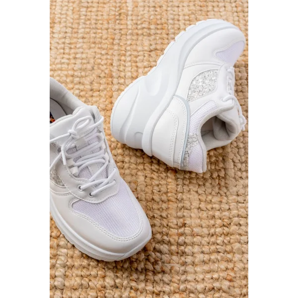 F-185 Beyaz Günlük Bağcıklı Taş Aksesuarlı Yazlık Spor Ayakkabı