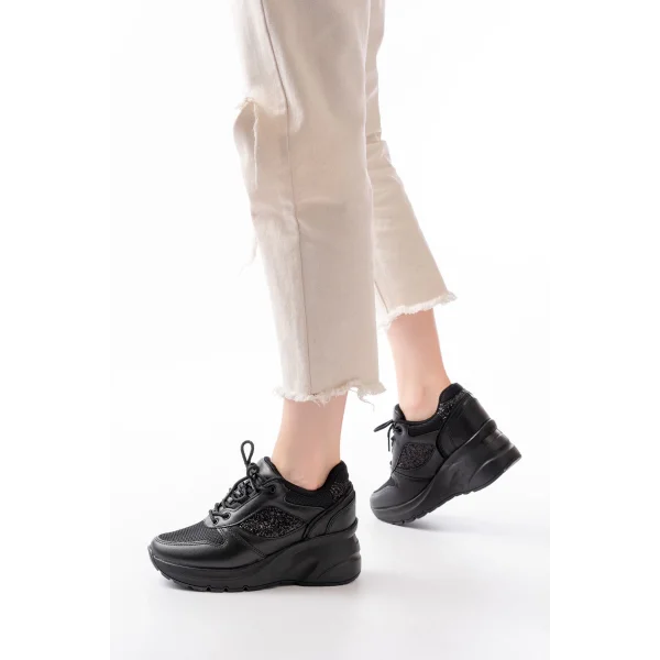 F-185 Siyah Günlük Bağcıklı Taş Aksesuarlı Yazlık Spor Ayakkabı