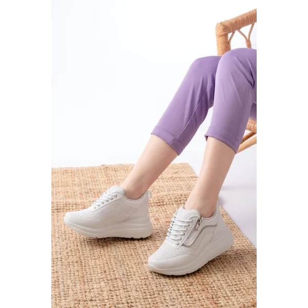 F-207 Beyaz Bağcıklı Fermuarlı Taş Aksesuarlı Mevsimlik Spor Ayakkabı