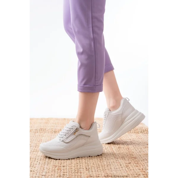 F-207 Beyaz Bağcıklı Fermuarlı Taş Aksesuarlı Mevsimlik Spor Ayakkabı