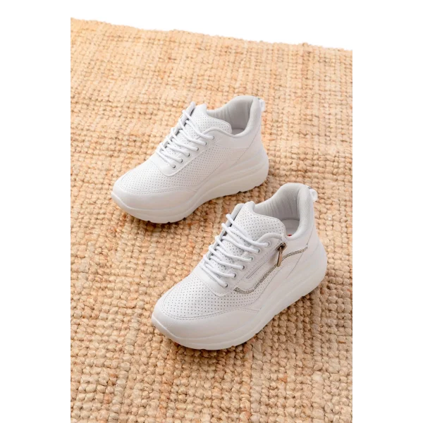 F-207 Beyaz Bağcıklı Fermuarlı Taş Aksesuarlı Mevsimlik Spor Ayakkabı