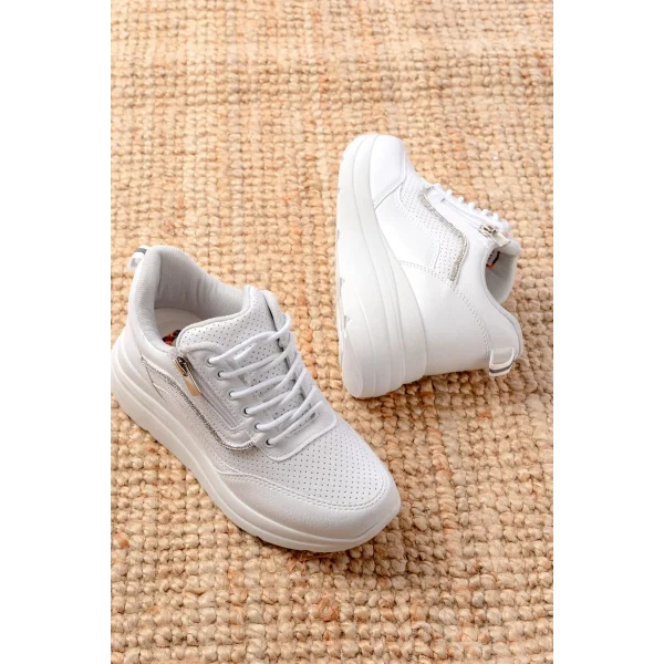 F-207 Beyaz Bağcıklı Fermuarlı Taş Aksesuarlı Mevsimlik Spor Ayakkabı