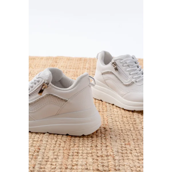 F-207 Beyaz Bağcıklı Fermuarlı Taş Aksesuarlı Mevsimlik Spor Ayakkabı