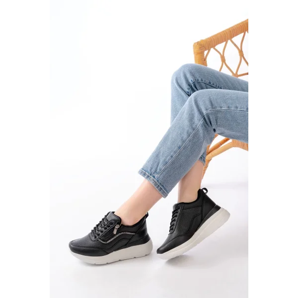 F-207 Siyah Bağcıklı Fermuarlı Taş Aksesuarlı Mevsimlik Spor Ayakkabı