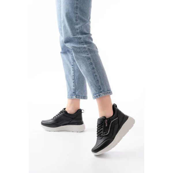 F-207 Siyah Bağcıklı Fermuarlı Taş Aksesuarlı Mevsimlik Spor Ayakkabı