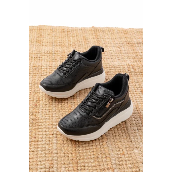 F-207 Siyah Bağcıklı Fermuarlı Taş Aksesuarlı Mevsimlik Spor Ayakkabı